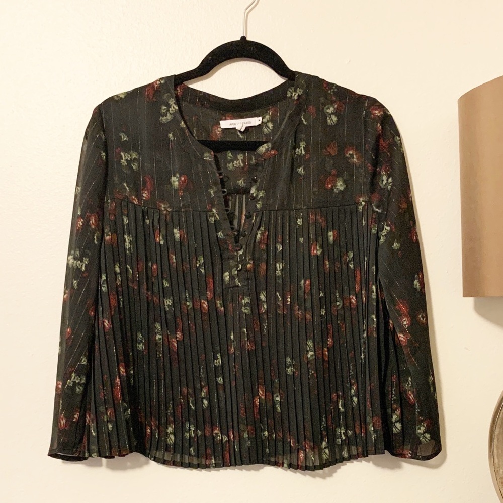 Avec Les Filles pleated sheer floral  blouse top M